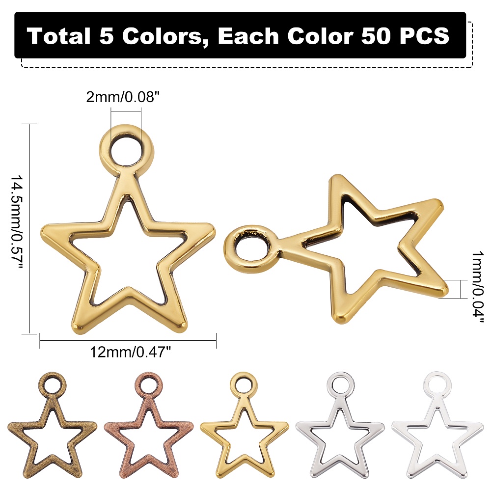 250Pcs Hollow Star Pendants 12mm for DIY Bracelets Necklace Making